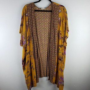 Gypsy Love Women's Size S Open Front Bohemian Kimono Mustard Gold‎ Floral Print